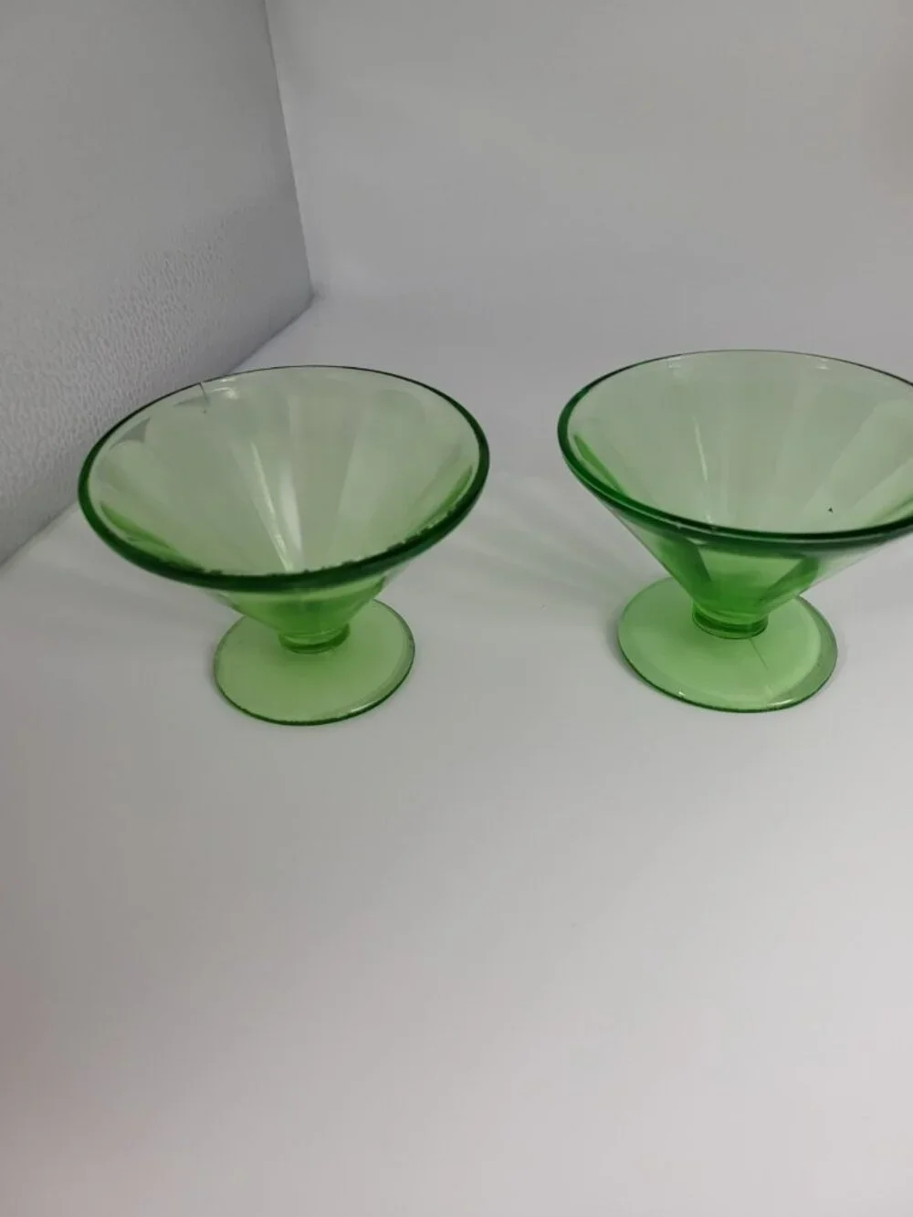 2 Vintage Federal Glass Sherbet Dish Uranium Green Depression 1920's ice cream